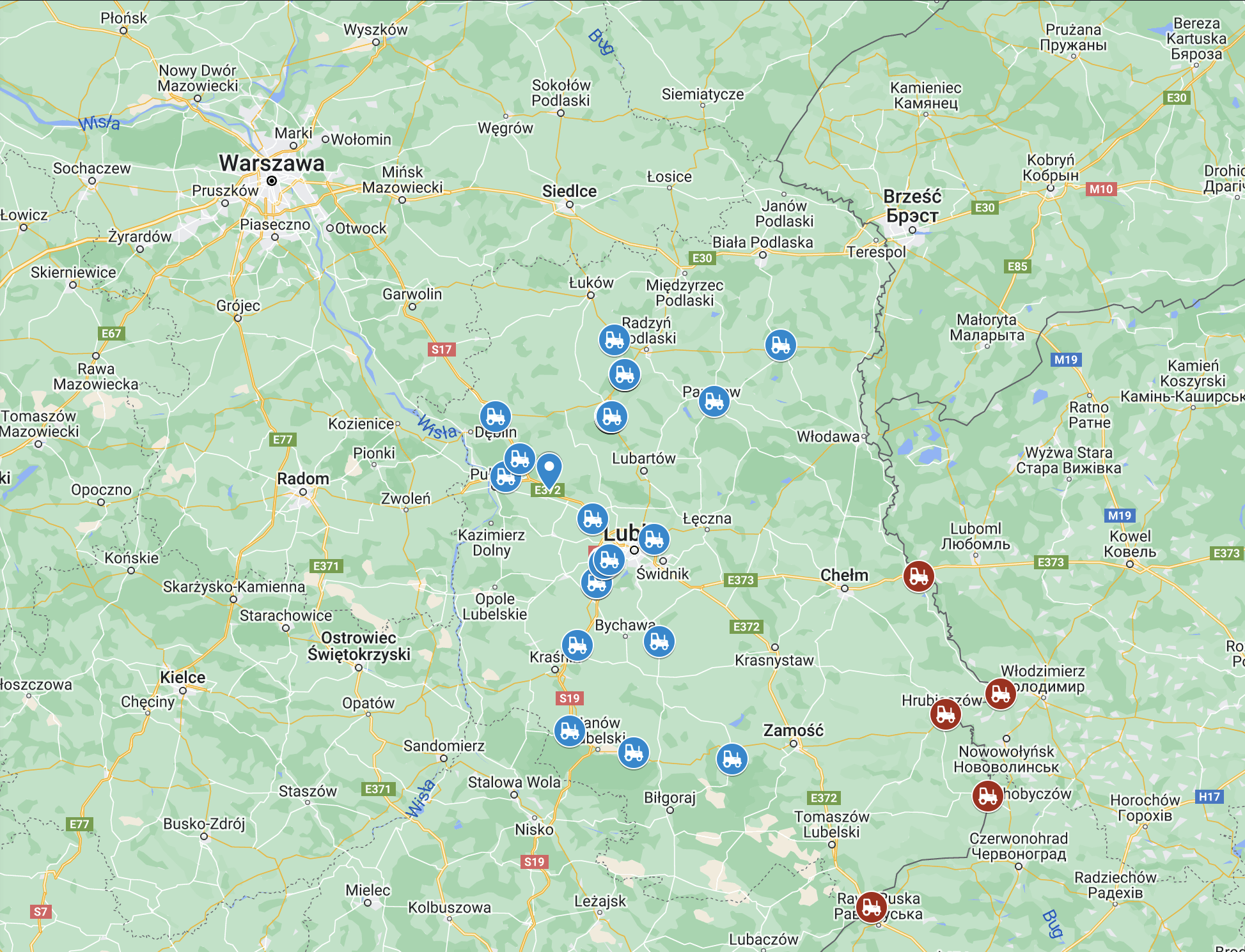 Mapa strajków rolniczych 20 lutego.